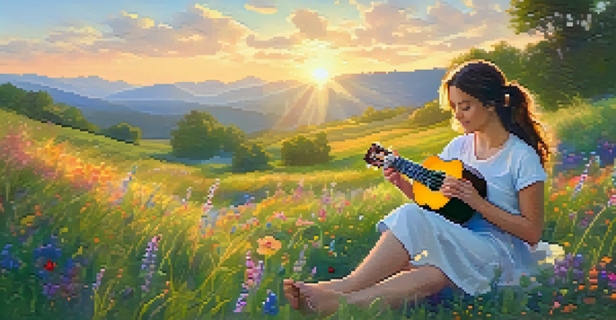 A person joyfully playing a ukulele on a grassy hill with wildflowers and a sunset in the background.