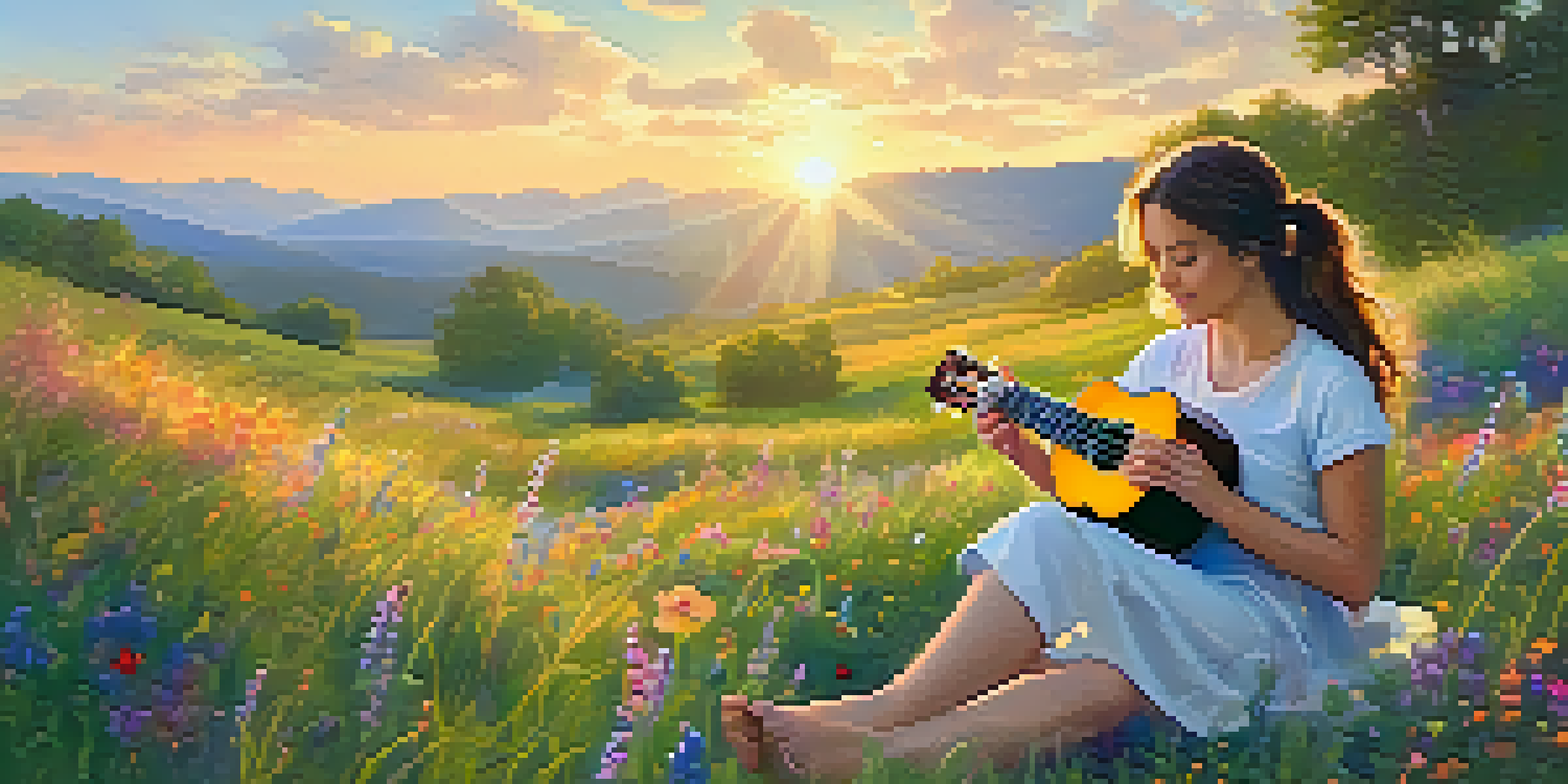 A person joyfully playing a ukulele on a grassy hill with wildflowers and a sunset in the background.