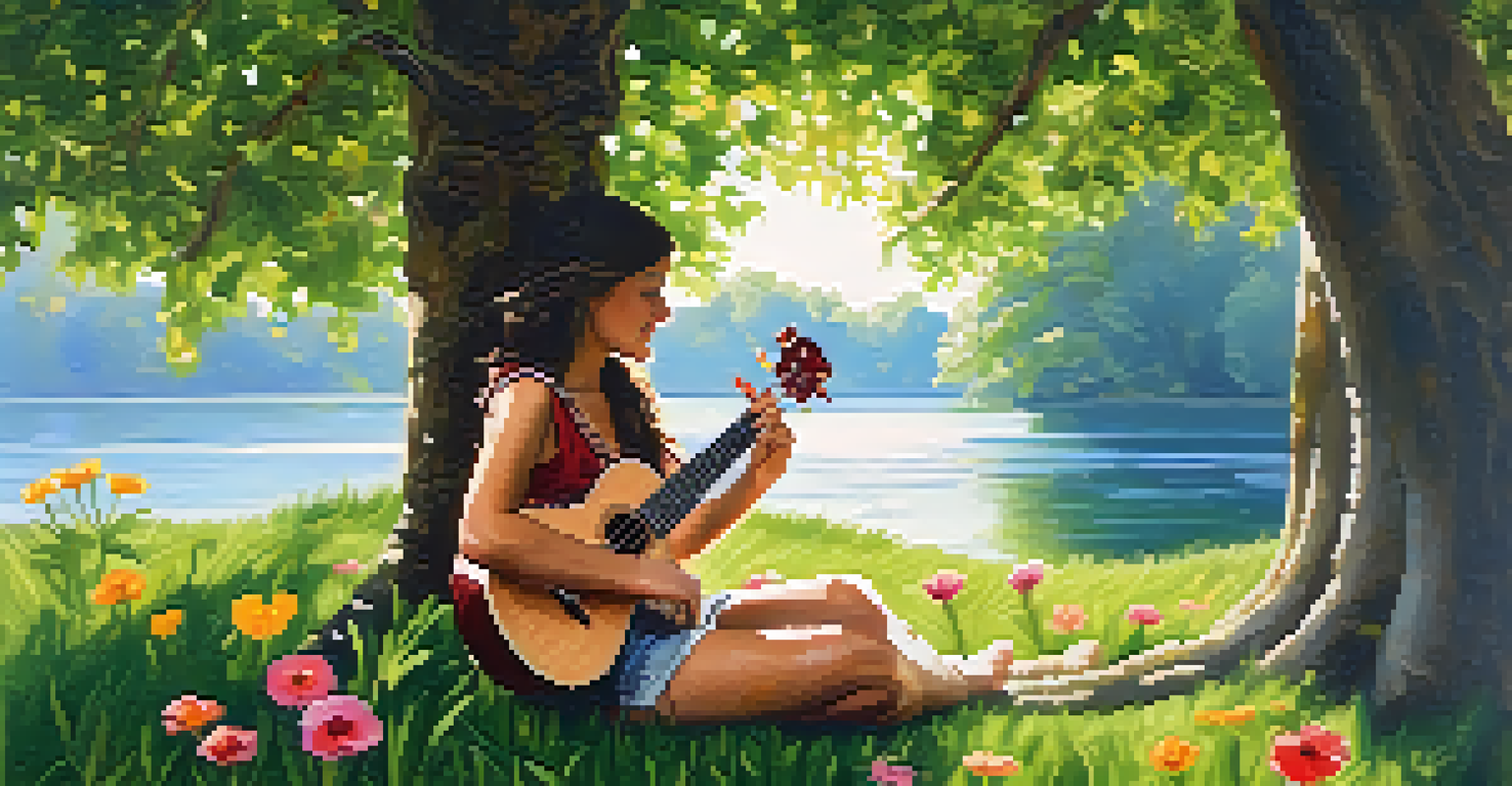 Musician playing a soprano ukulele under a tree, with sunlight filtering through leaves and a serene outdoor setting.