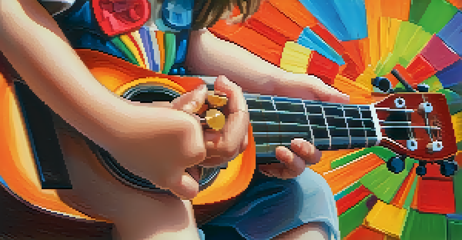 A child's hands strumming a ukulele, highlighting the colorful strings and wooden body.