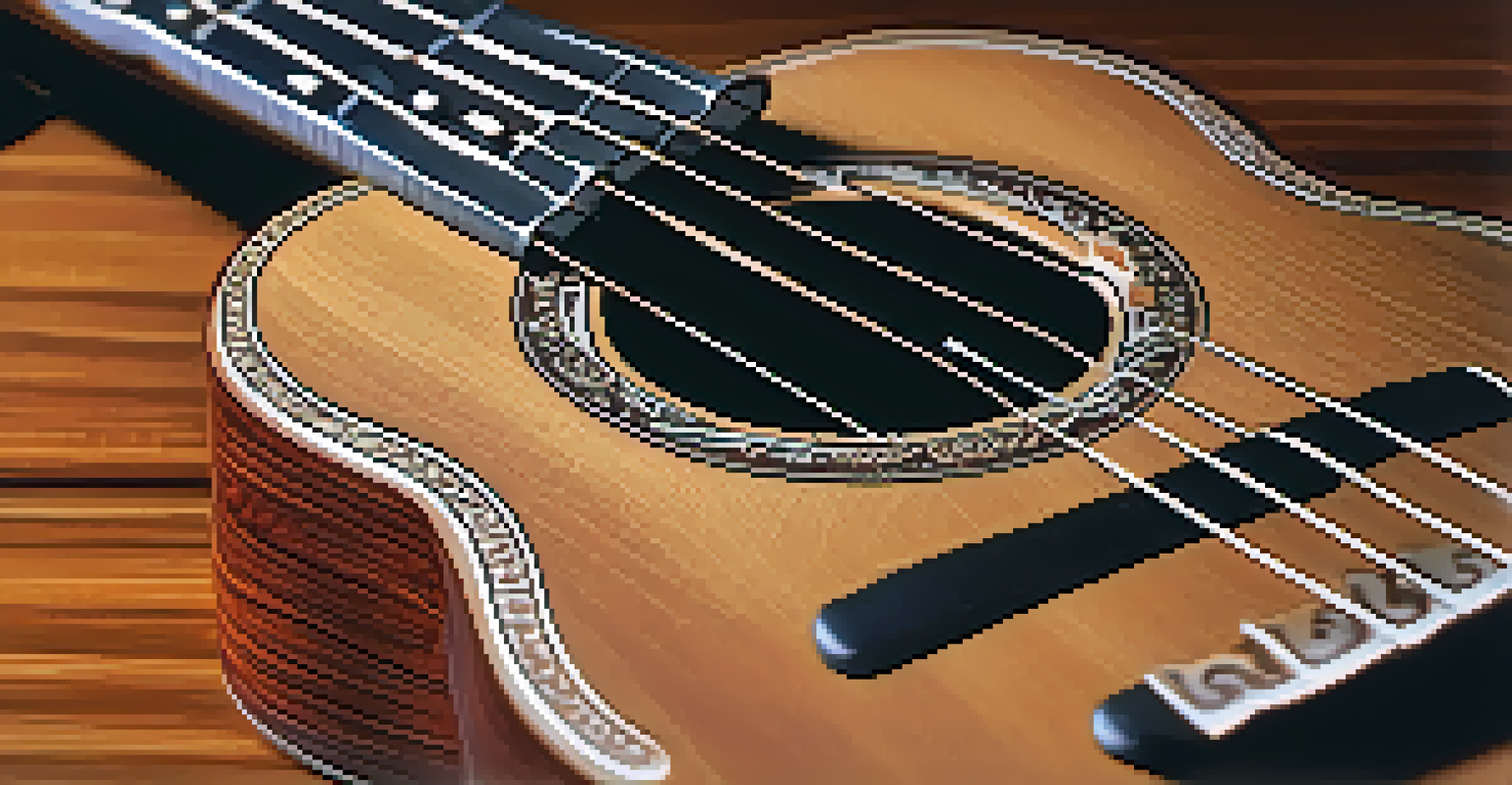 A close-up view of a wooden ukulele on a table with warm lighting.