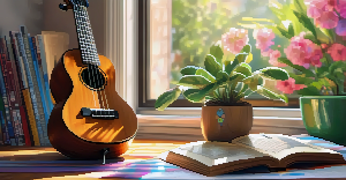 A ukulele on a table with musical notes around it, illuminated by soft sunlight.