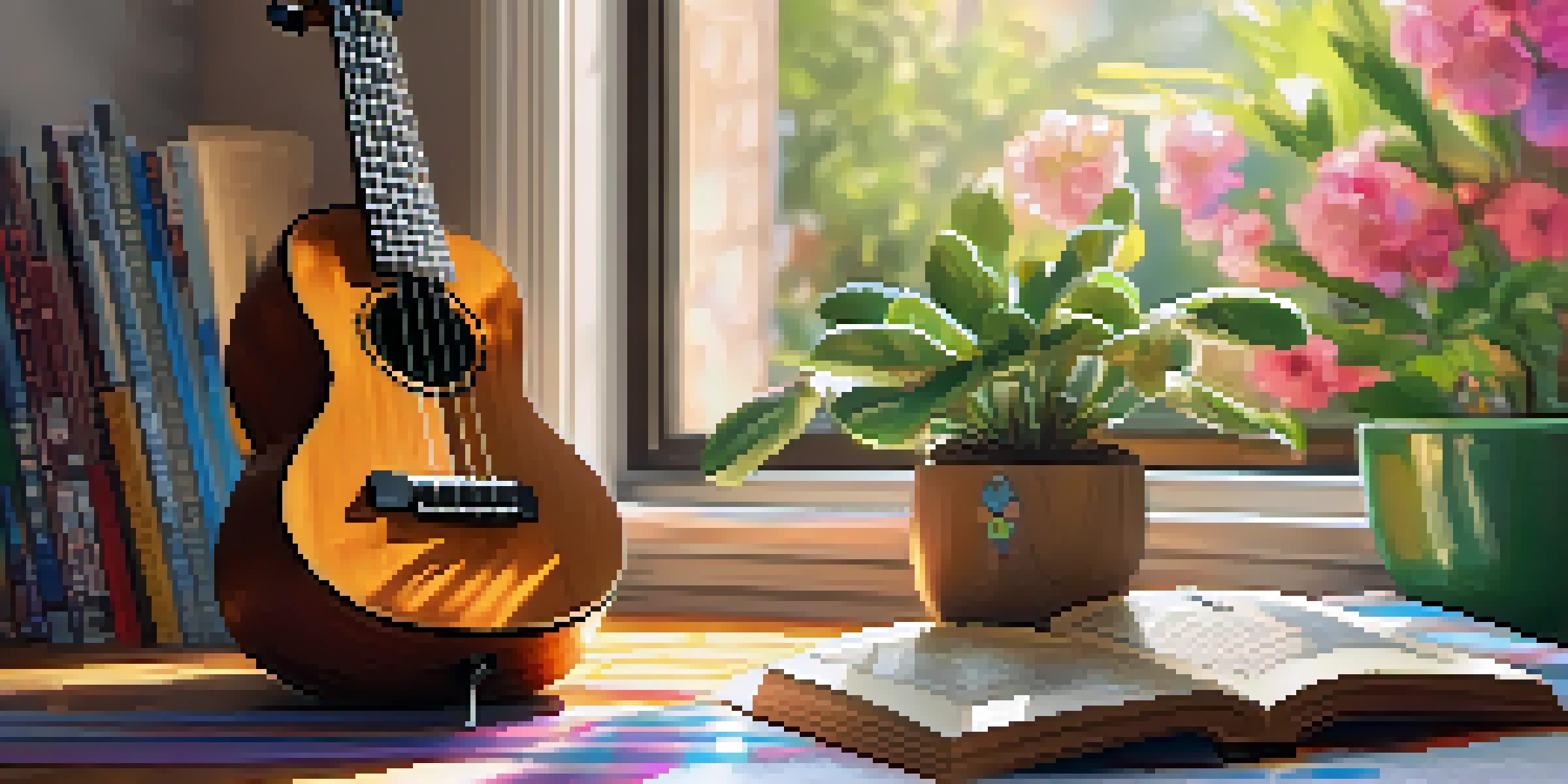 A ukulele on a table with musical notes around it, illuminated by soft sunlight.