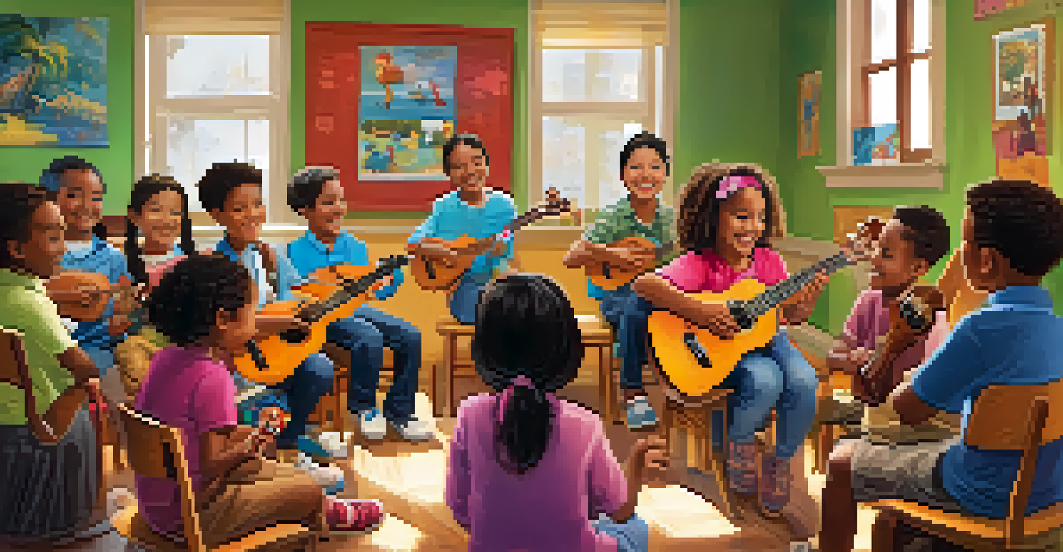 A music teacher guiding children in a ukulele lesson in a colorful and inviting indoor setting.