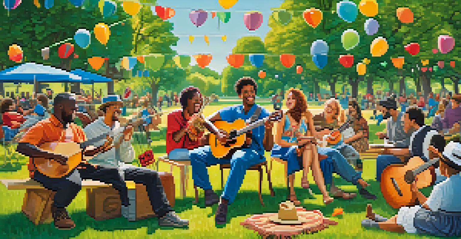 A group of musicians joyfully playing instruments in a sunny park during a jam session.