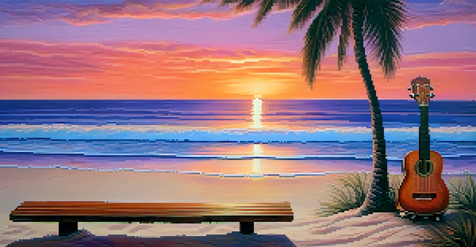 A tranquil beach at sunset with a ukulele on a wooden bench, surrounded by sand and palm trees.
