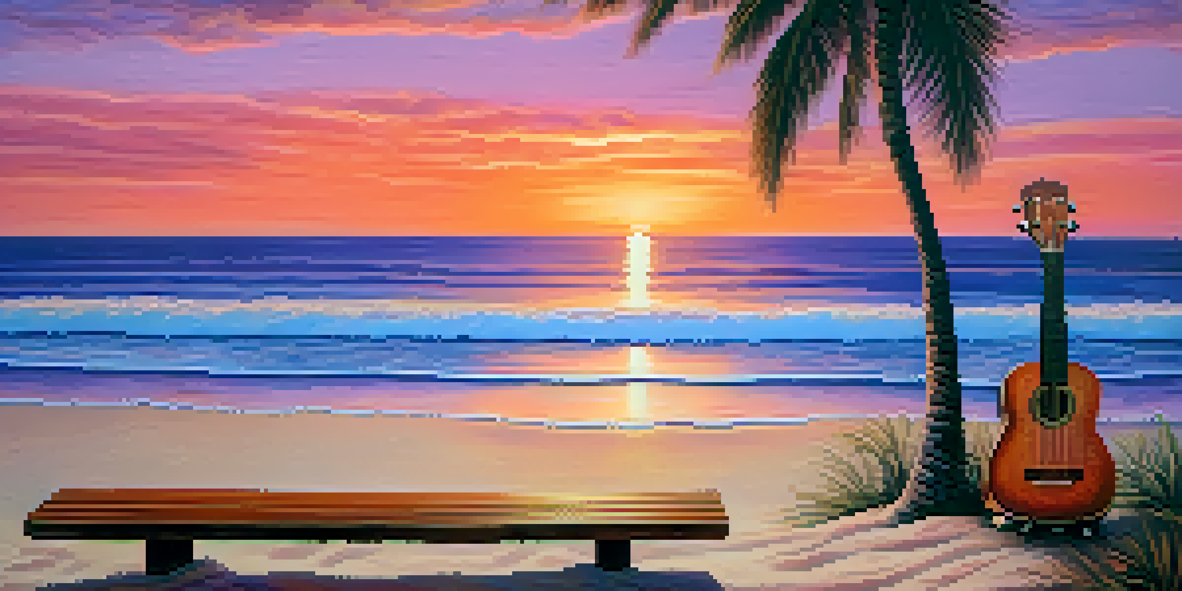 A tranquil beach at sunset with a ukulele on a wooden bench, surrounded by sand and palm trees.