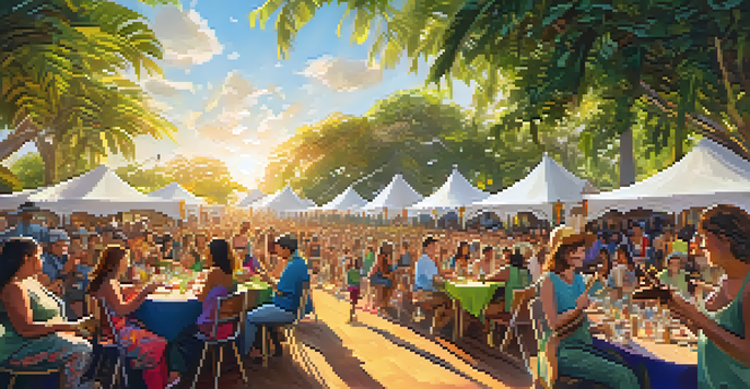 A lively outdoor festival with musicians playing ukuleles and a diverse crowd enjoying the sunny day.