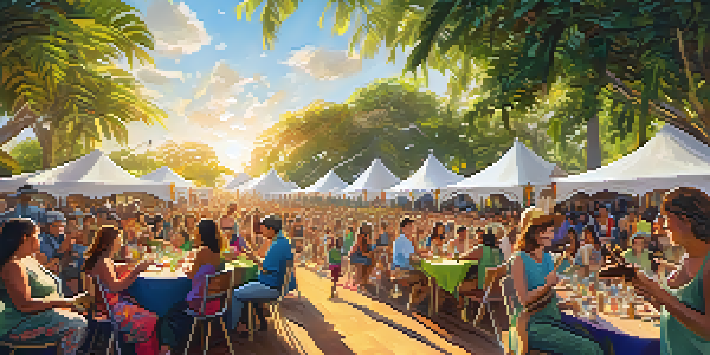 A lively outdoor festival with musicians playing ukuleles and a diverse crowd enjoying the sunny day.