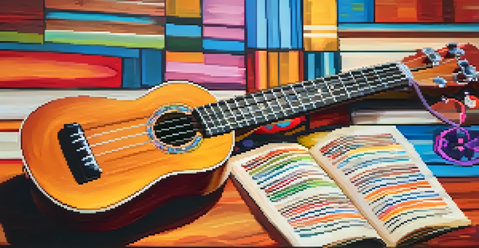 A colorful electric ukulele on a wooden table with music sheets and a vintage microphone.