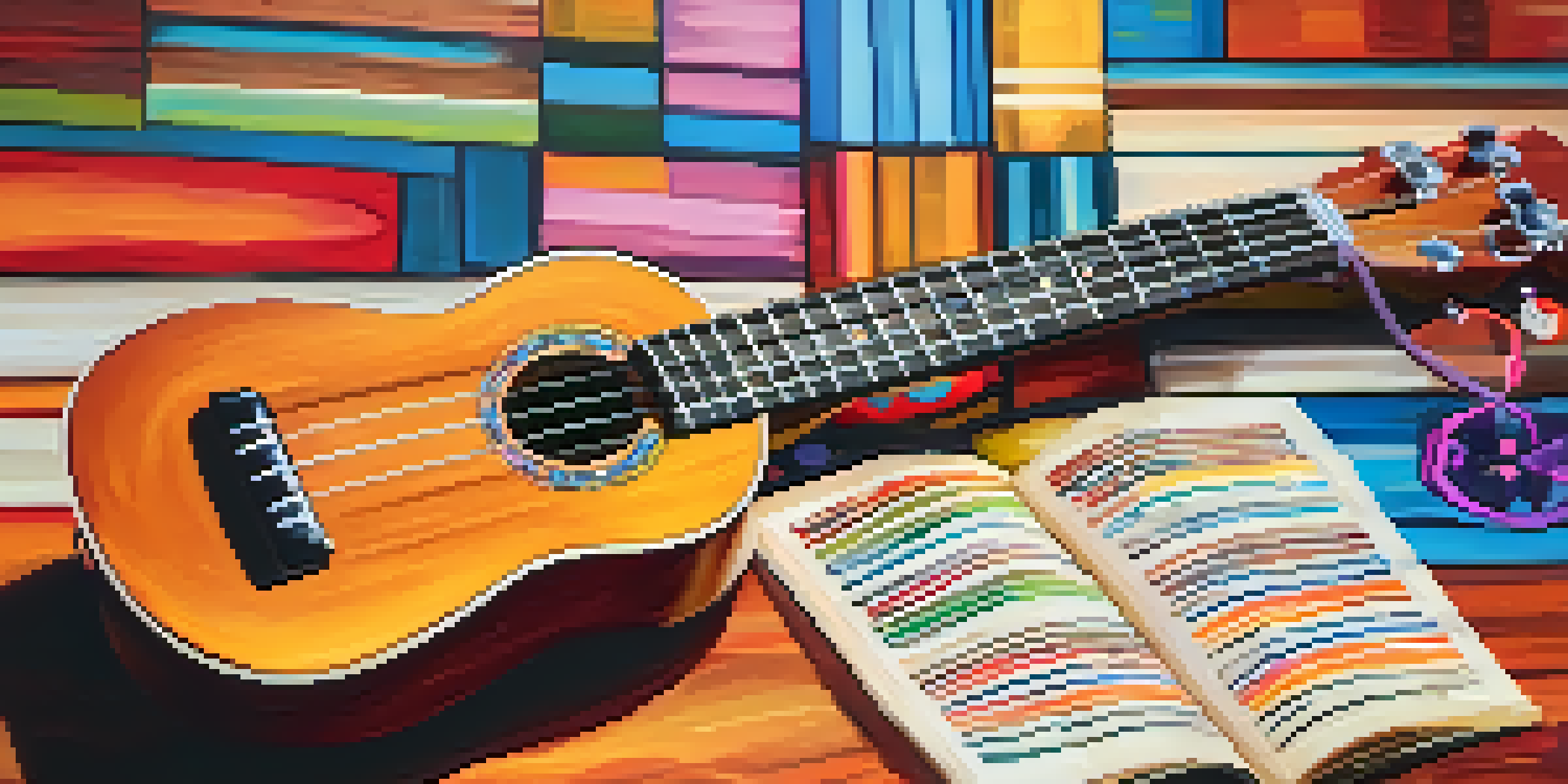 A colorful electric ukulele on a wooden table with music sheets and a vintage microphone.