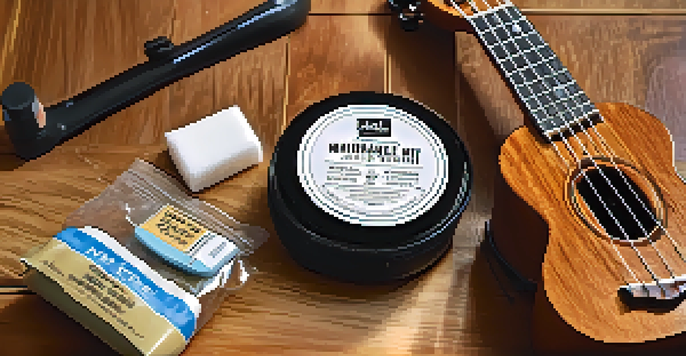 A ukulele maintenance kit with cleaning supplies on a wooden table, illuminated by natural light.