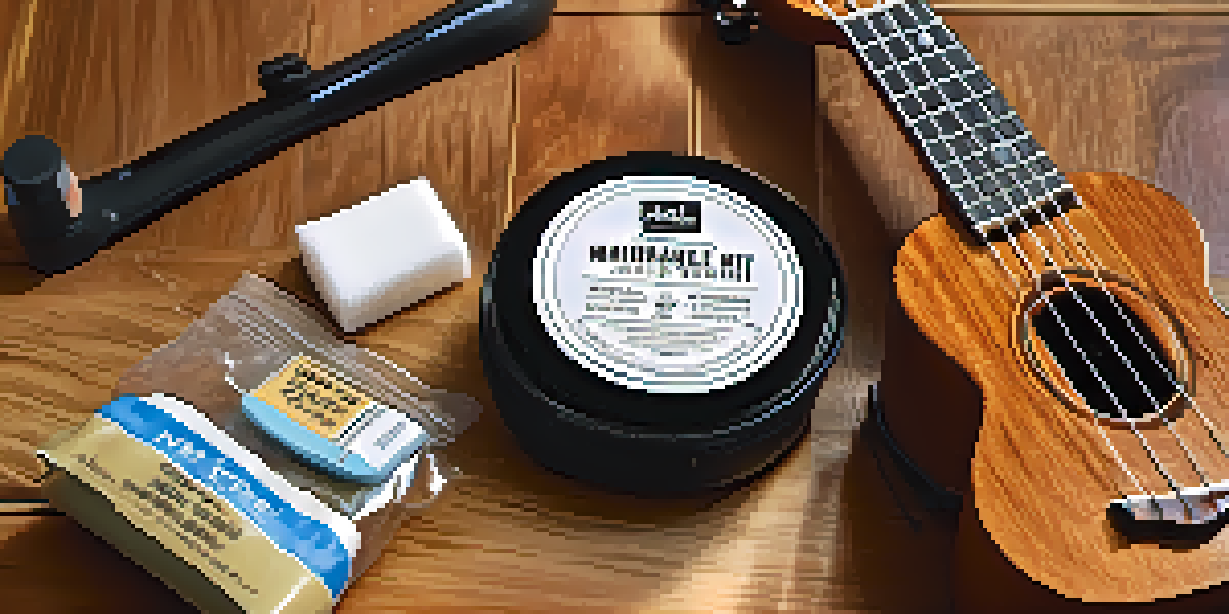 A ukulele maintenance kit with cleaning supplies on a wooden table, illuminated by natural light.