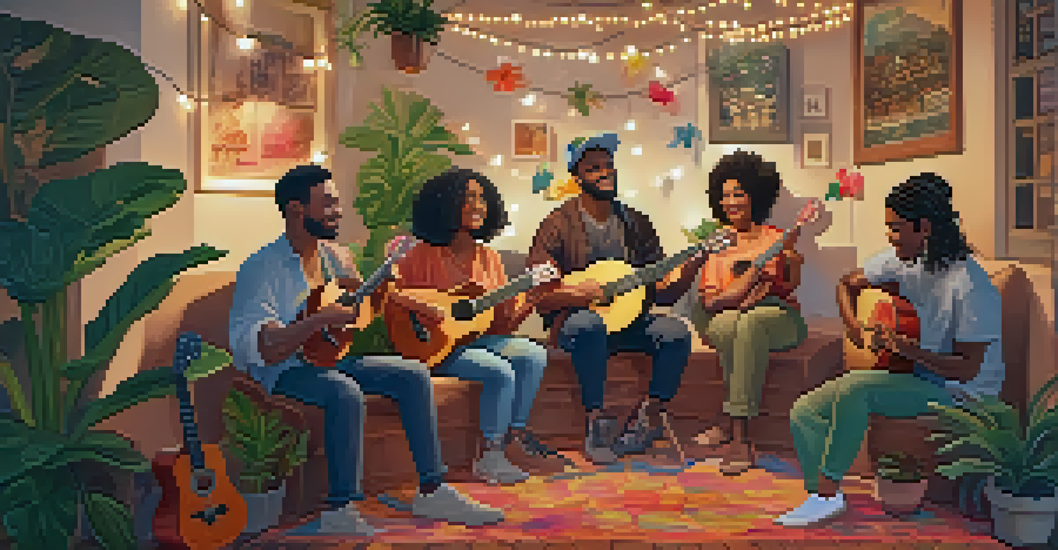 A group of musicians playing ukuleles together in a cozy indoor space with string lights.