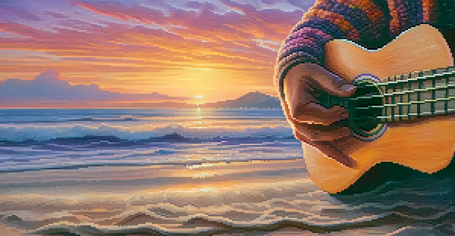 Close-up of hands strumming a ukulele against a sunset backdrop at the beach.