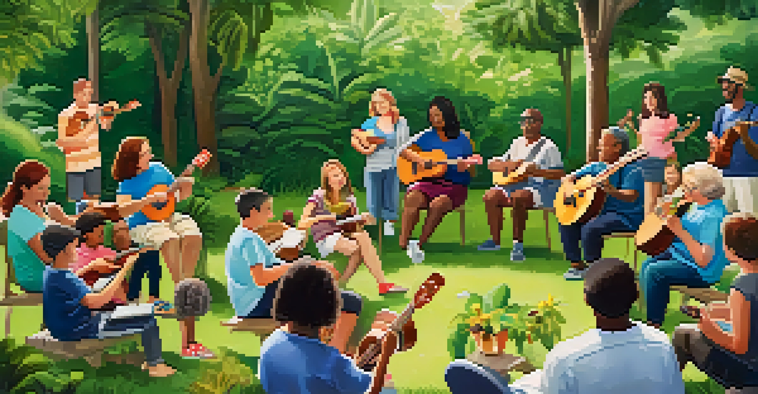 A diverse group of people in a park participating in a ukulele workshop, surrounded by greenery and enjoying the learning experience.
