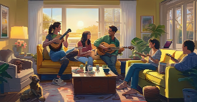 A group of friends in a warm living room, joyfully playing ukuleles together, surrounded by music sheets and a sunset visible through the window.