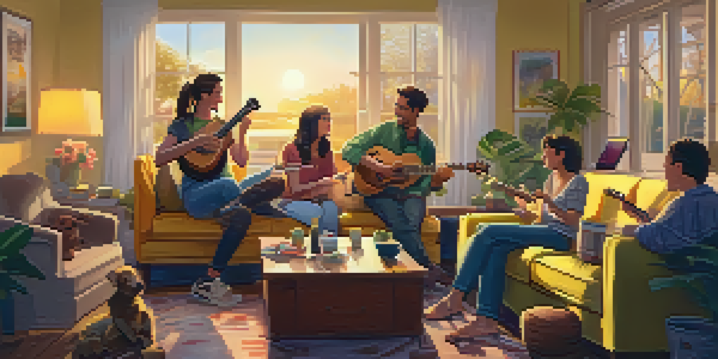 A group of friends in a warm living room, joyfully playing ukuleles together, surrounded by music sheets and a sunset visible through the window.