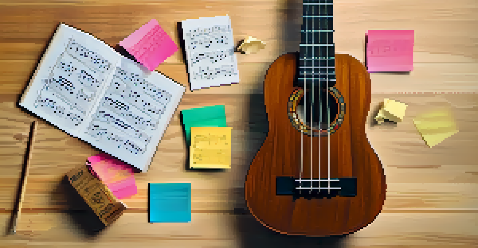 A close-up view of a ukulele on sheet music, surrounded by colorful sticky notes and a coffee cup, all illuminated by natural light.