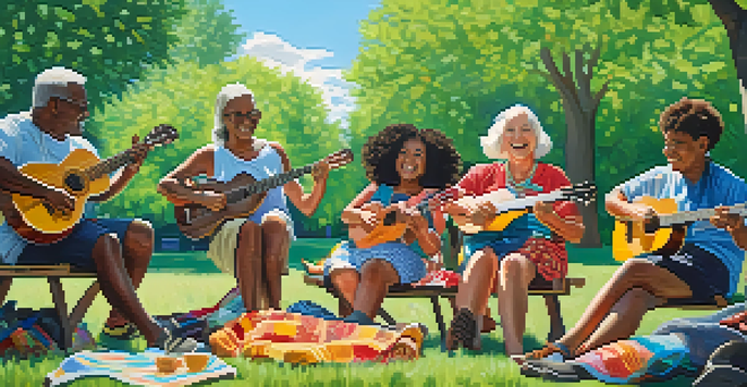 A diverse group of people of different ages joyfully playing ukuleles in a sunny park, surrounded by green trees and a blue sky.