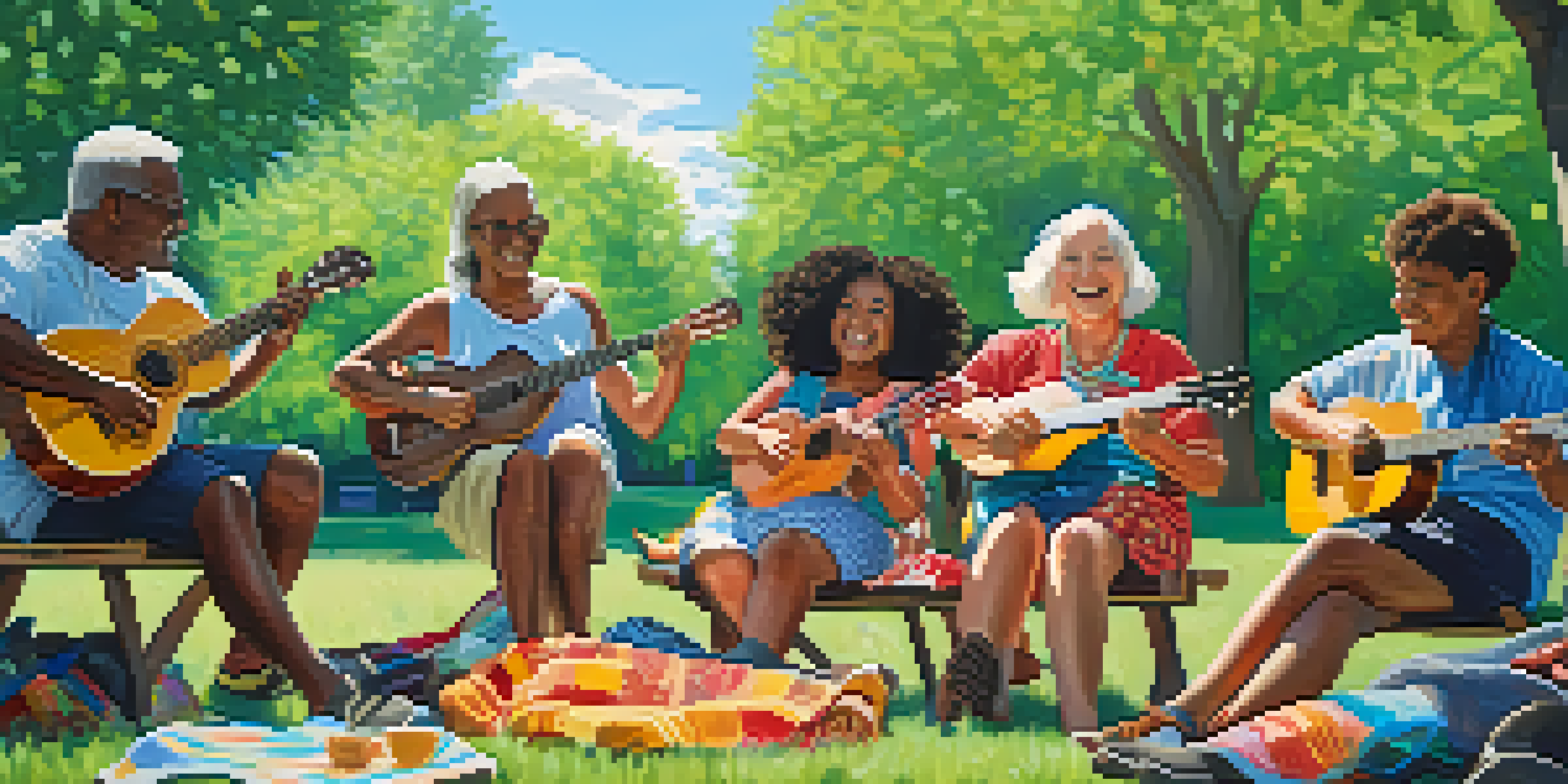 A diverse group of people of different ages joyfully playing ukuleles in a sunny park, surrounded by green trees and a blue sky.