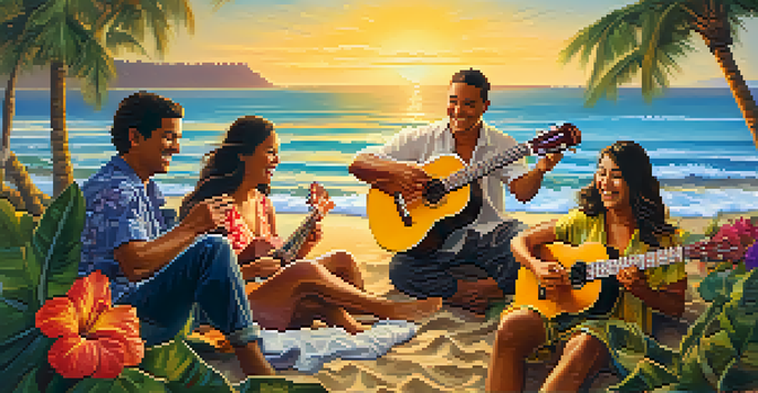 A group of friends playing ukuleles on a Hawaiian beach at sunset, surrounded by palm trees and flowers.