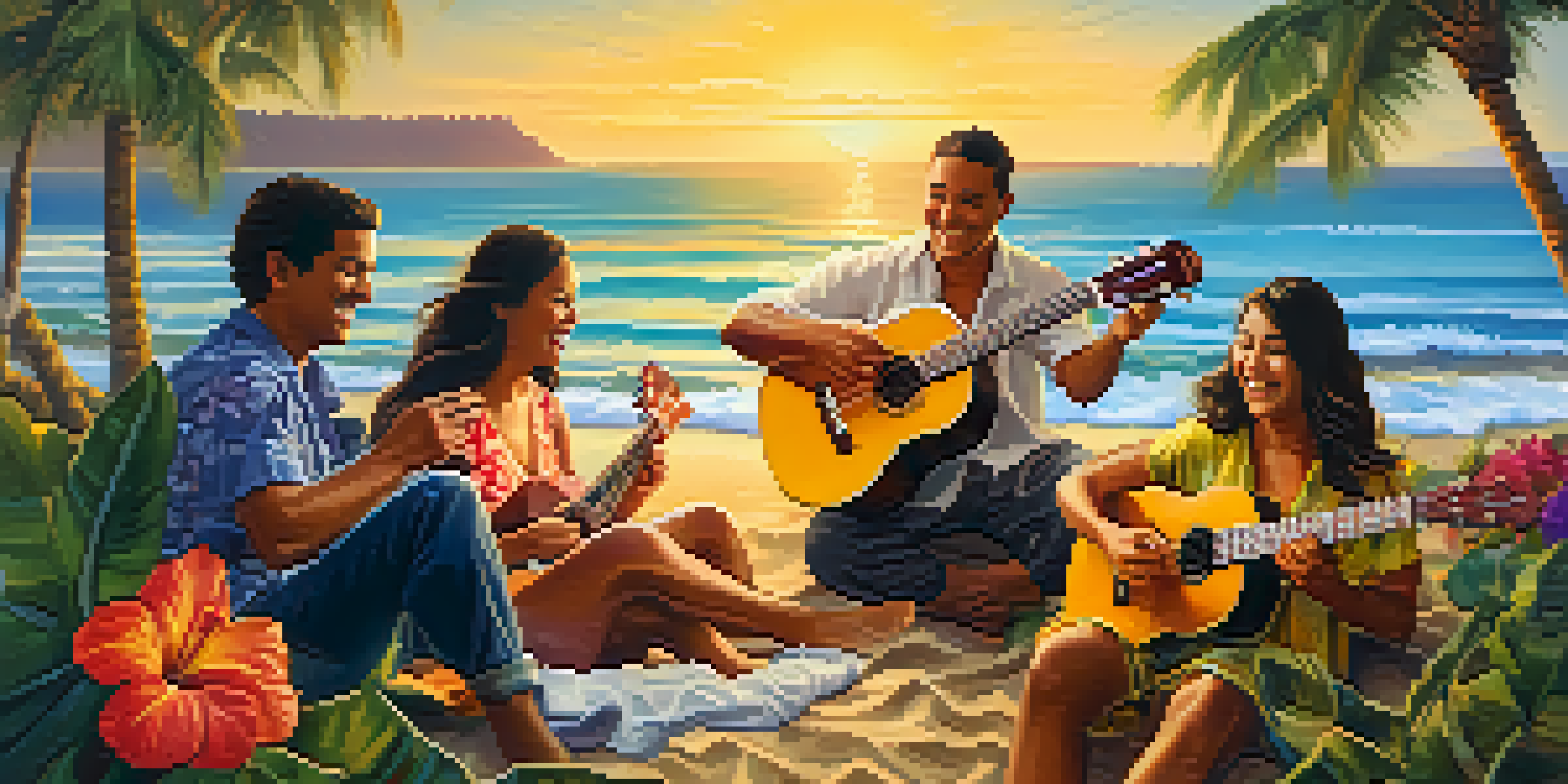 A group of friends playing ukuleles on a Hawaiian beach at sunset, surrounded by palm trees and flowers.