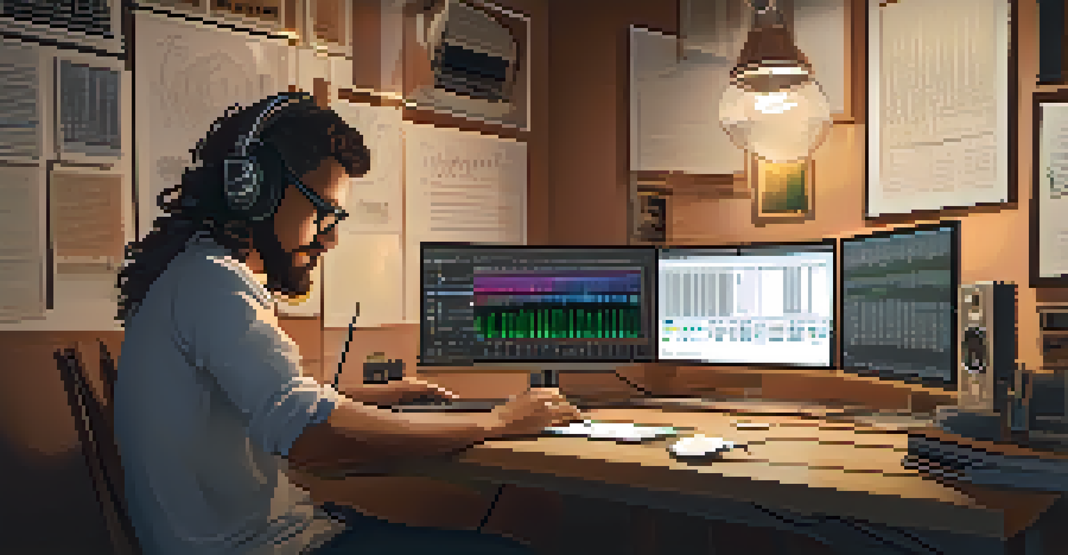 An artist editing ukulele recordings on a laptop, surrounded by notes, in a warm and organized workspace.