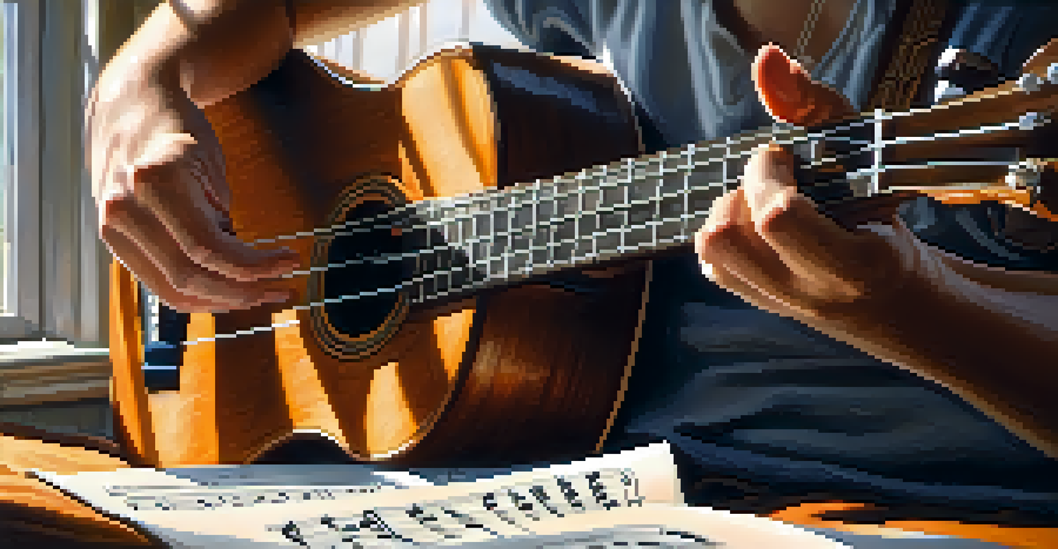 Close-up of hands playing a ukulele, with sheet music on a table and soft light from a window.