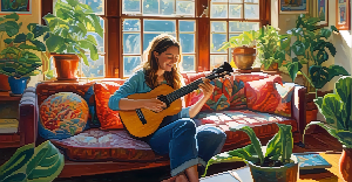 A young woman joyfully playing a ukulele on a couch in a sunlit room filled with plants and artwork.