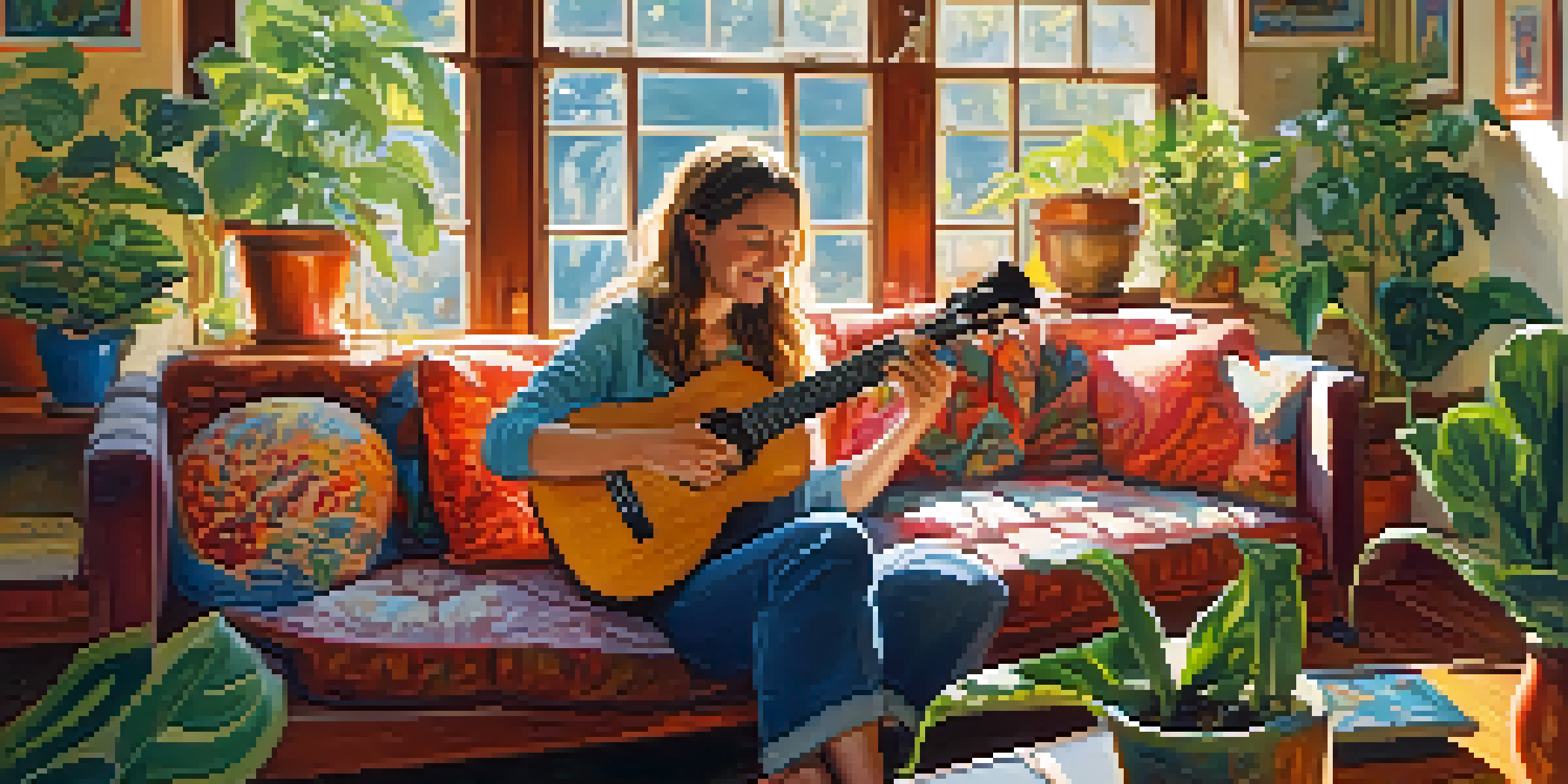 A young woman joyfully playing a ukulele on a couch in a sunlit room filled with plants and artwork.