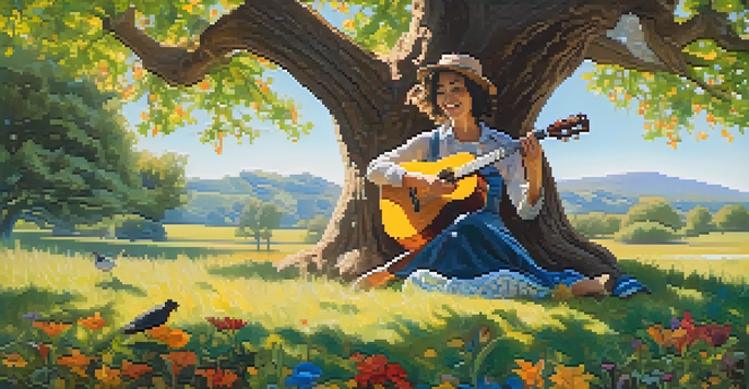 A musician playing a ukulele under an oak tree, surrounded by colorful flowers and birds, with sunlight creating shadows.