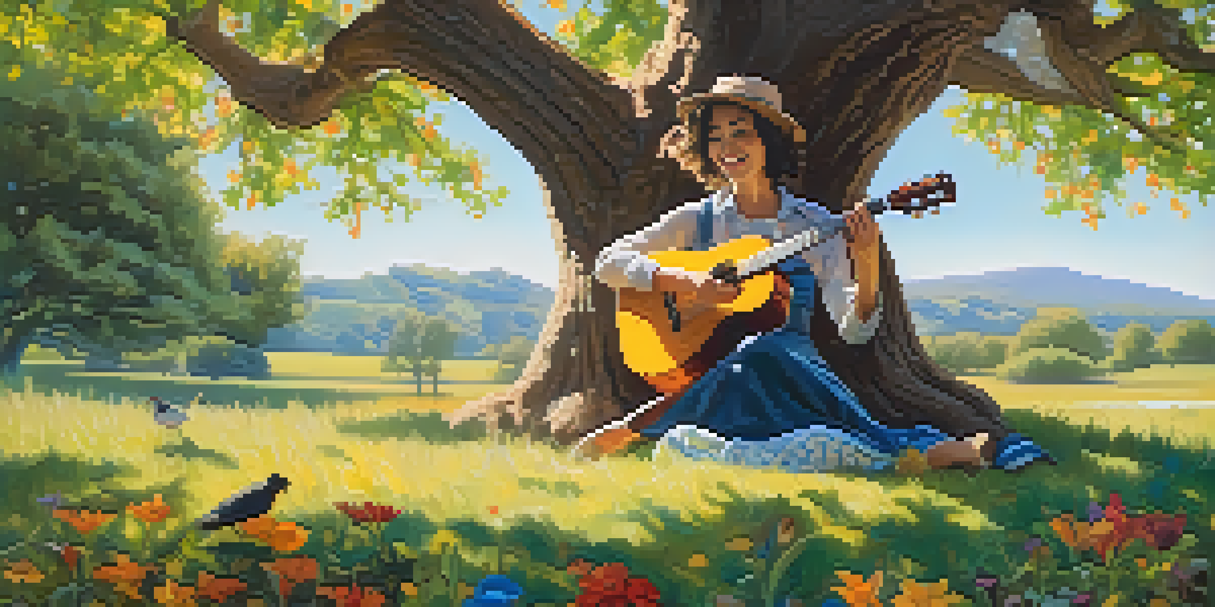 A musician playing a ukulele under an oak tree, surrounded by colorful flowers and birds, with sunlight creating shadows.