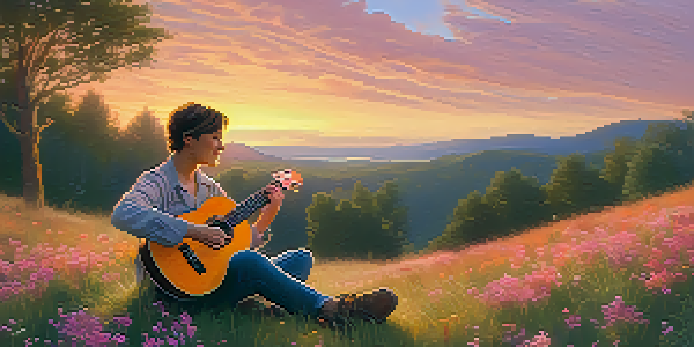 A person playing a ukulele on a grassy hill during sunset, with a colorful sky and wildflowers around.