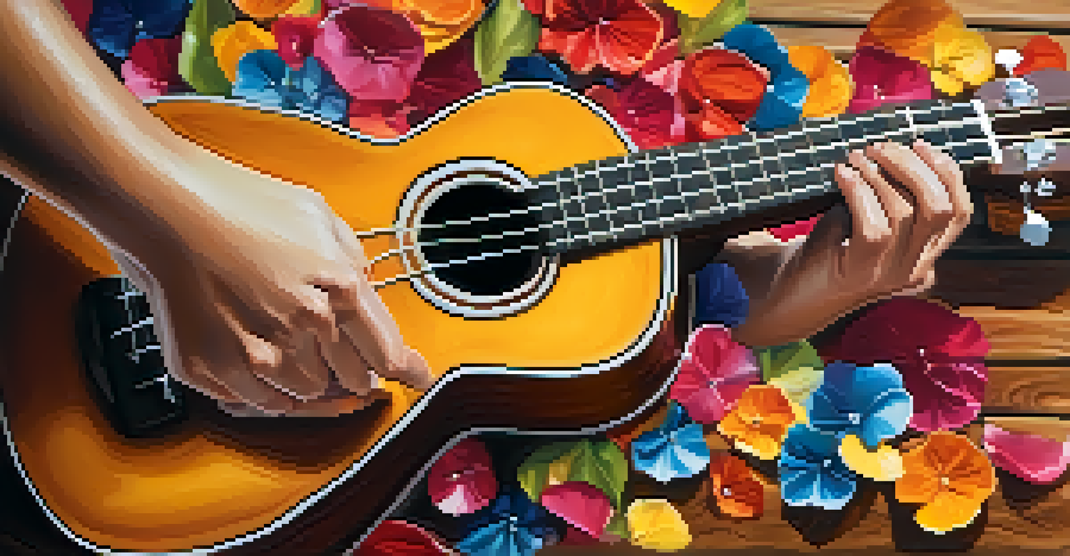 Close-up of hands playing a ukulele with colorful flower petals around it, highlighting the instrument's texture and beauty.