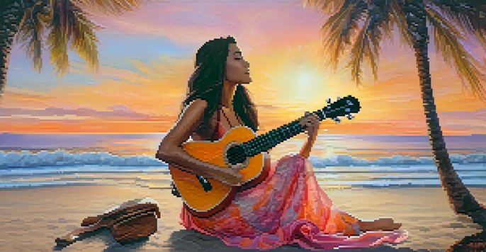 A young woman playing an electric ukulele on a beach at sunset, surrounded by palm trees and colorful skies.