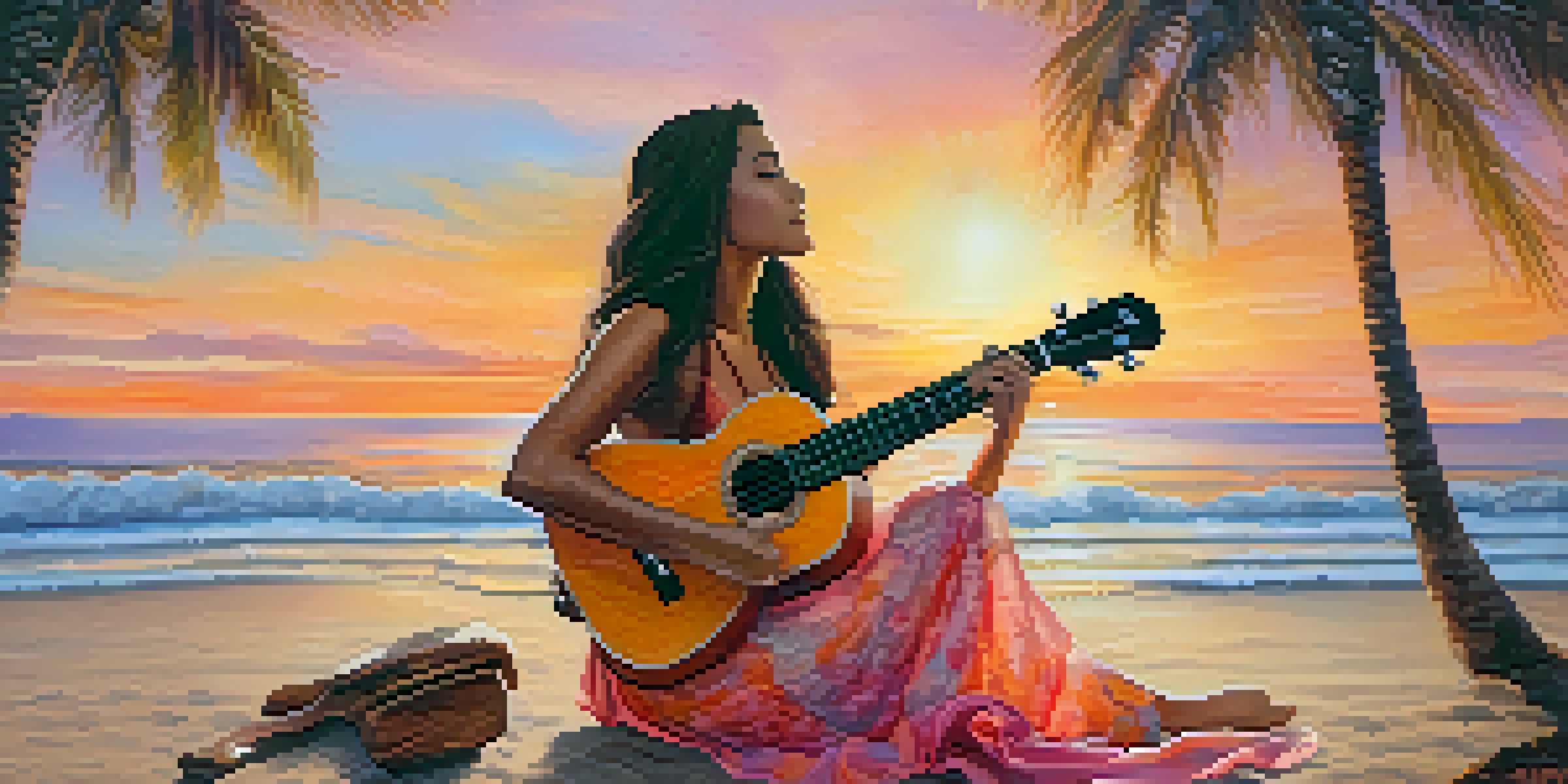 A young woman playing an electric ukulele on a beach at sunset, surrounded by palm trees and colorful skies.