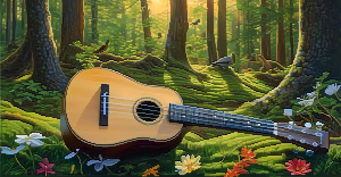 A peaceful forest scene with sunlight filtering through the leaves, a ukulele resting against a tree, and colorful wildflowers.