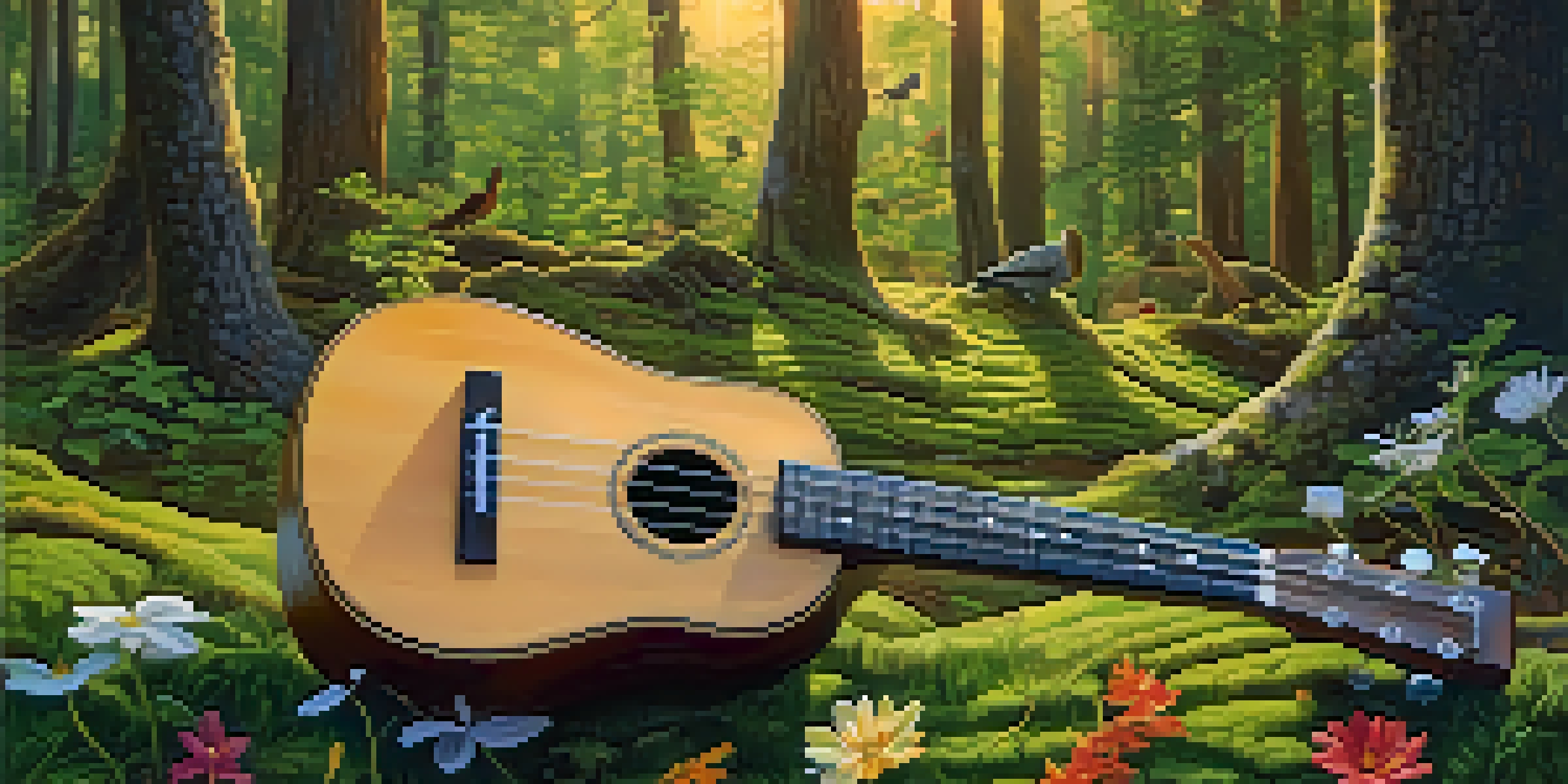 A peaceful forest scene with sunlight filtering through the leaves, a ukulele resting against a tree, and colorful wildflowers.