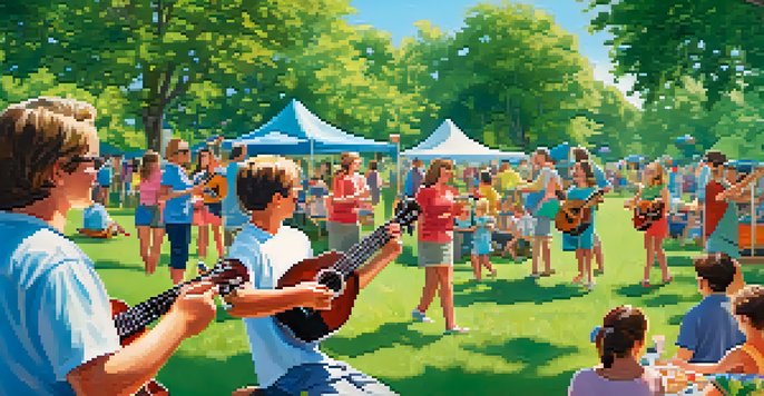 A lively community event with diverse people playing ukuleles in a sunny park, families enjoying a picnic, and children dancing.