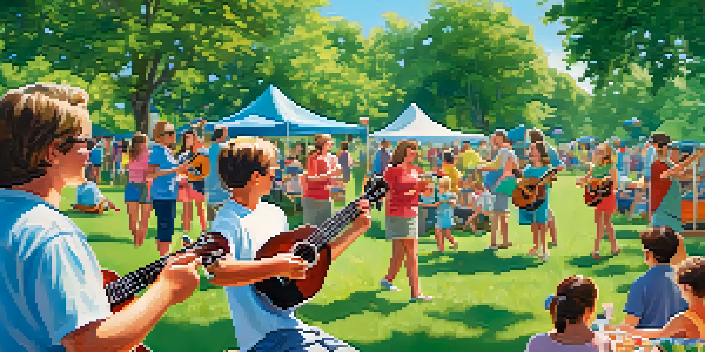 A lively community event with diverse people playing ukuleles in a sunny park, families enjoying a picnic, and children dancing.
