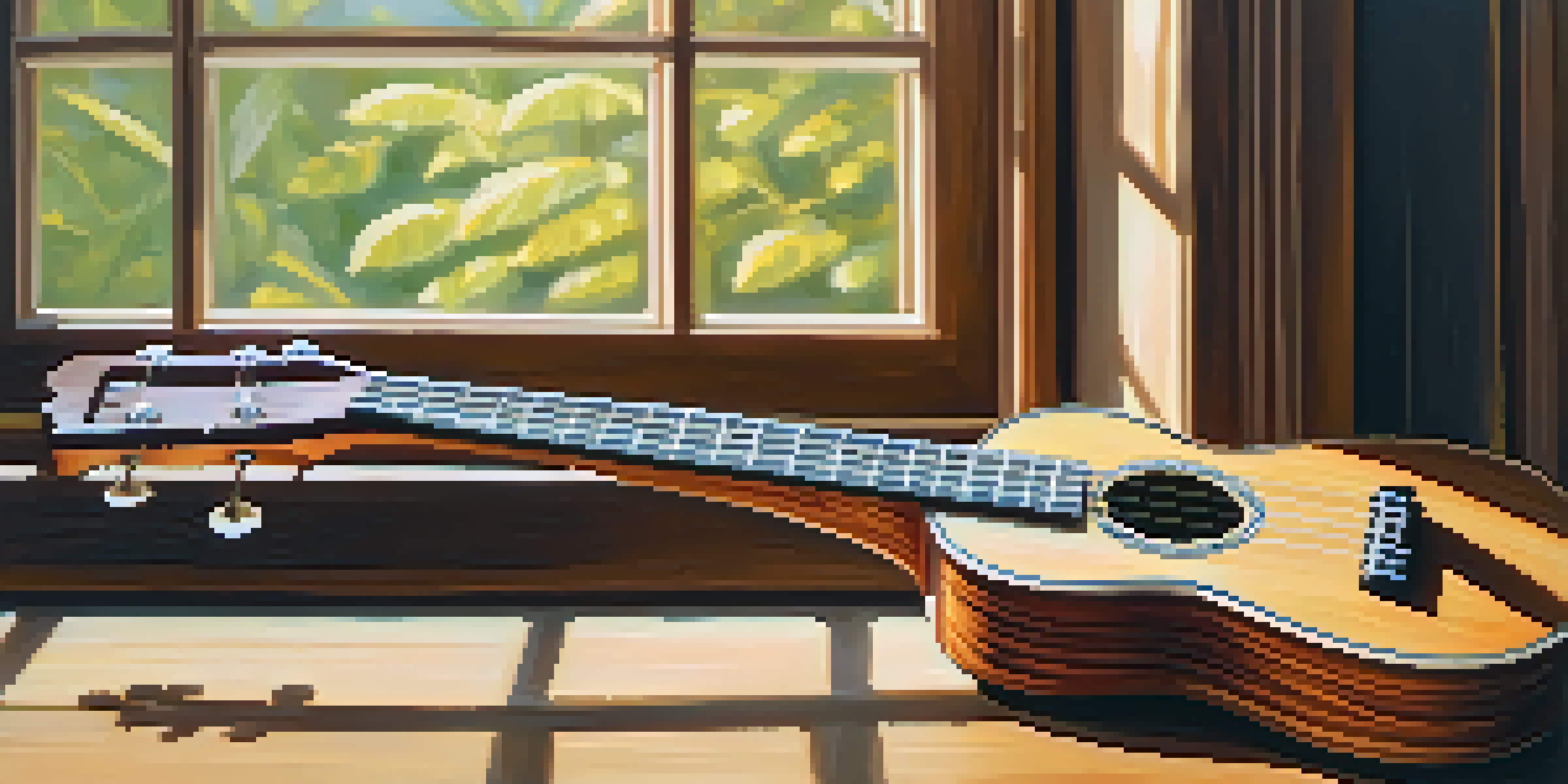 A close-up of a soprano ukulele on a wooden table with sunlight illuminating its glossy finish, and small hands strumming the strings.