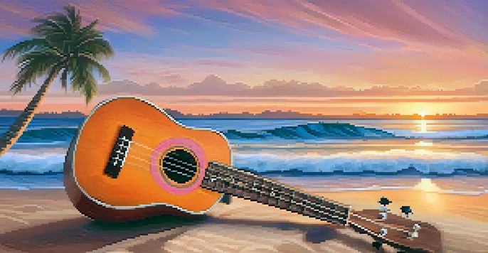 A close-up of a ukulele on a sandy beach during sunset with palm trees in the background.