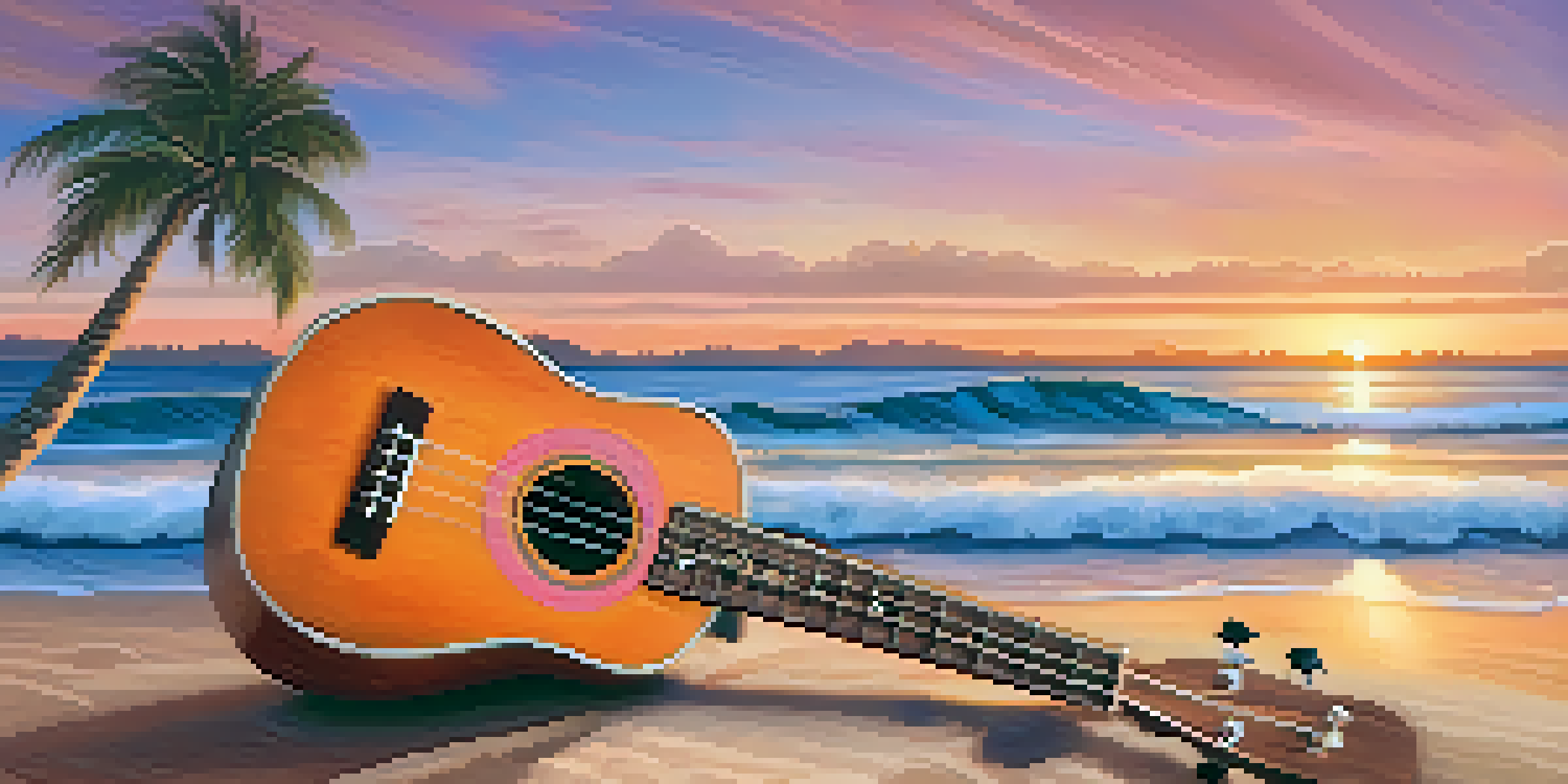 A close-up of a ukulele on a sandy beach during sunset with palm trees in the background.