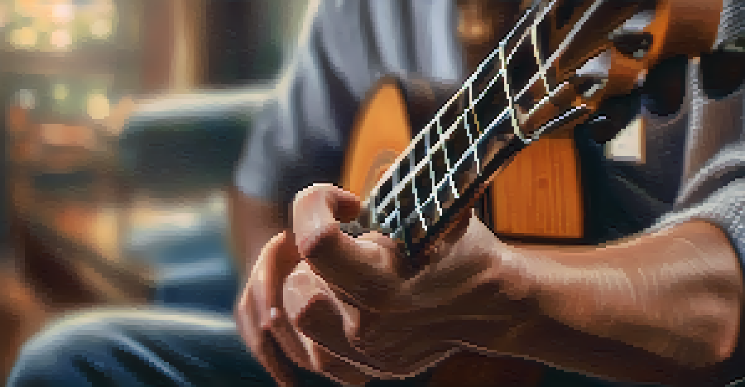 Close-up of hands strumming a ukulele, focusing on the strings and the warmth of the environment.