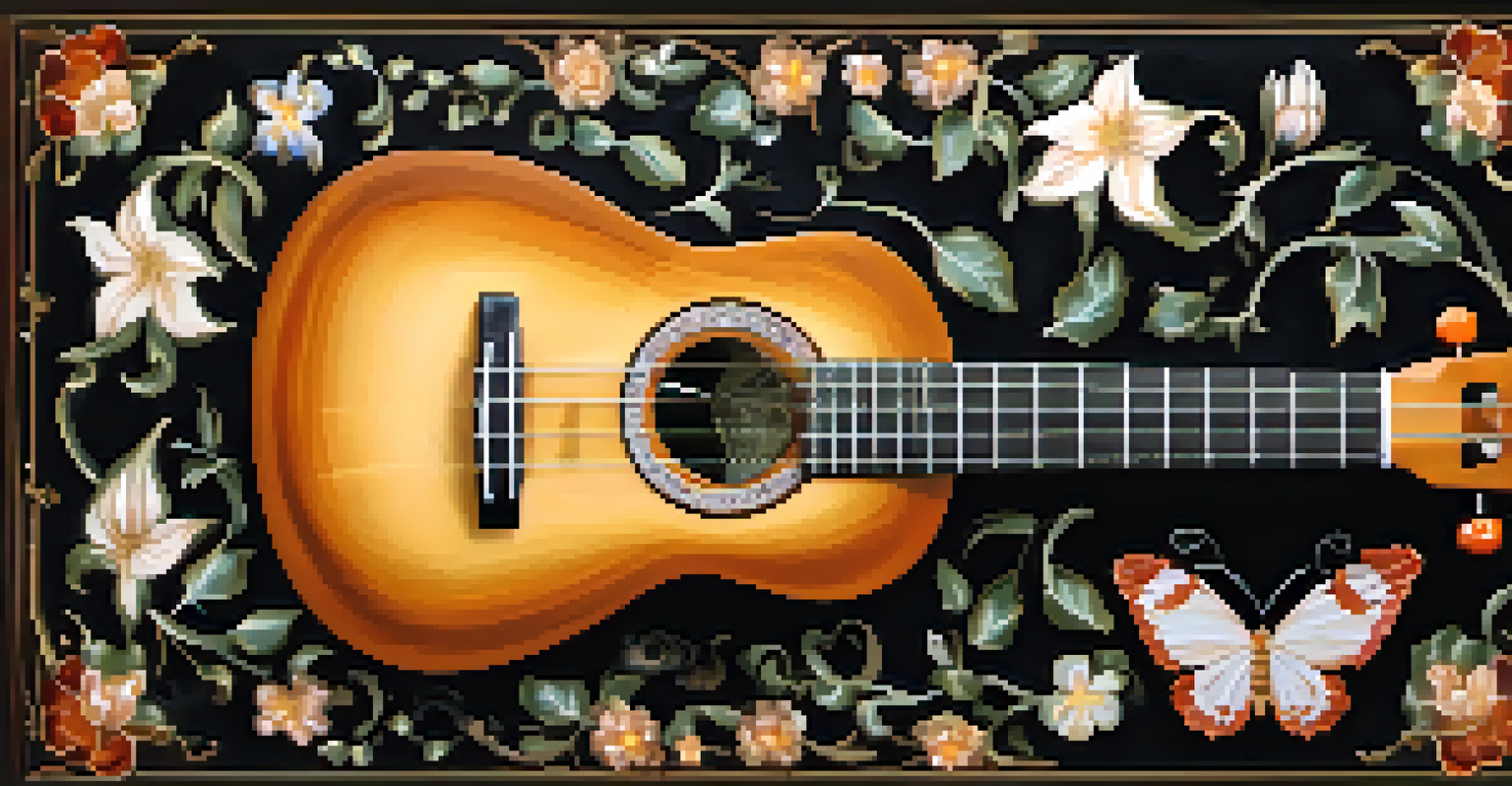 A ukulele with custom shell inlays featuring musical symbols and floral designs, set against a dark velvet background.