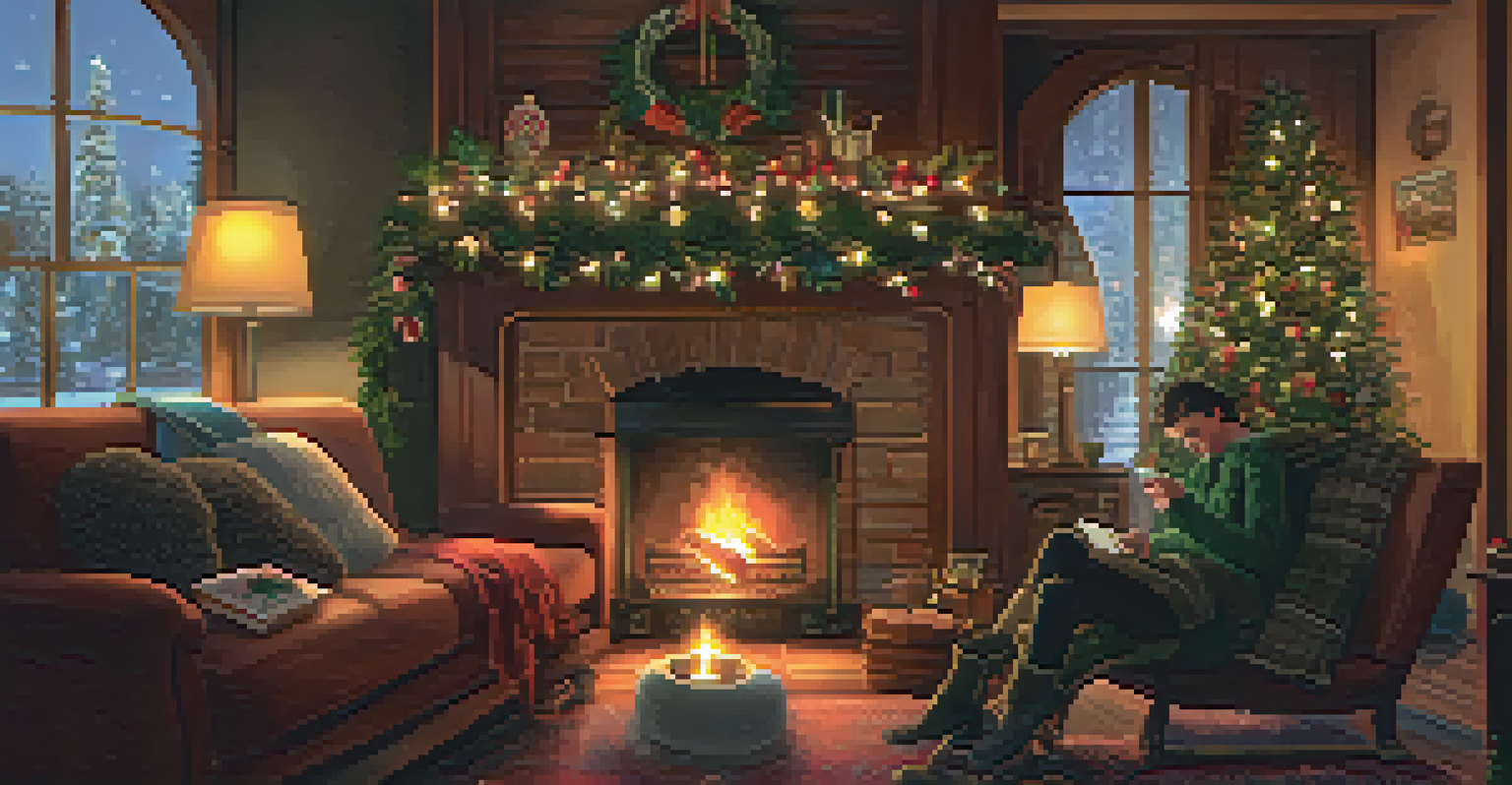 A person playing a ukulele by a fireplace in a cozy winter setting, with holiday decorations and a cup of cocoa on the table.