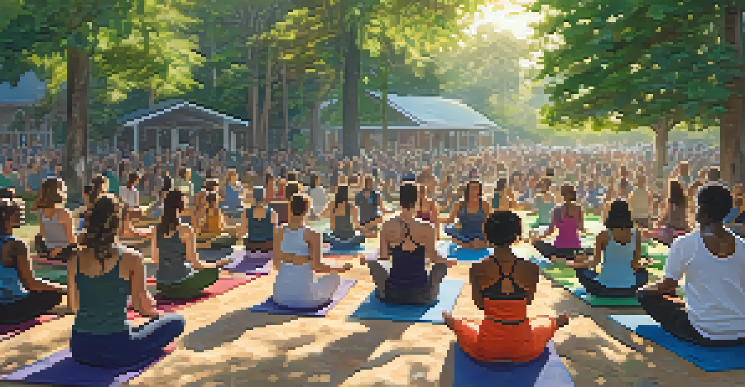 Outdoor community yoga class with participants in yoga poses and a person playing a ukulele.