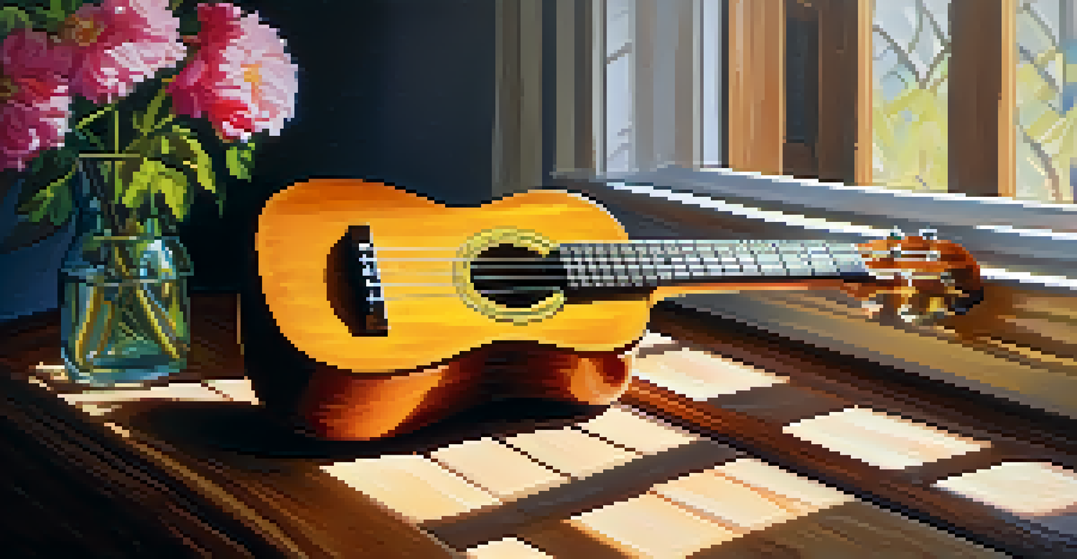 A close-up of a ukulele on a wooden table surrounded by colorful flowers and sunlight.