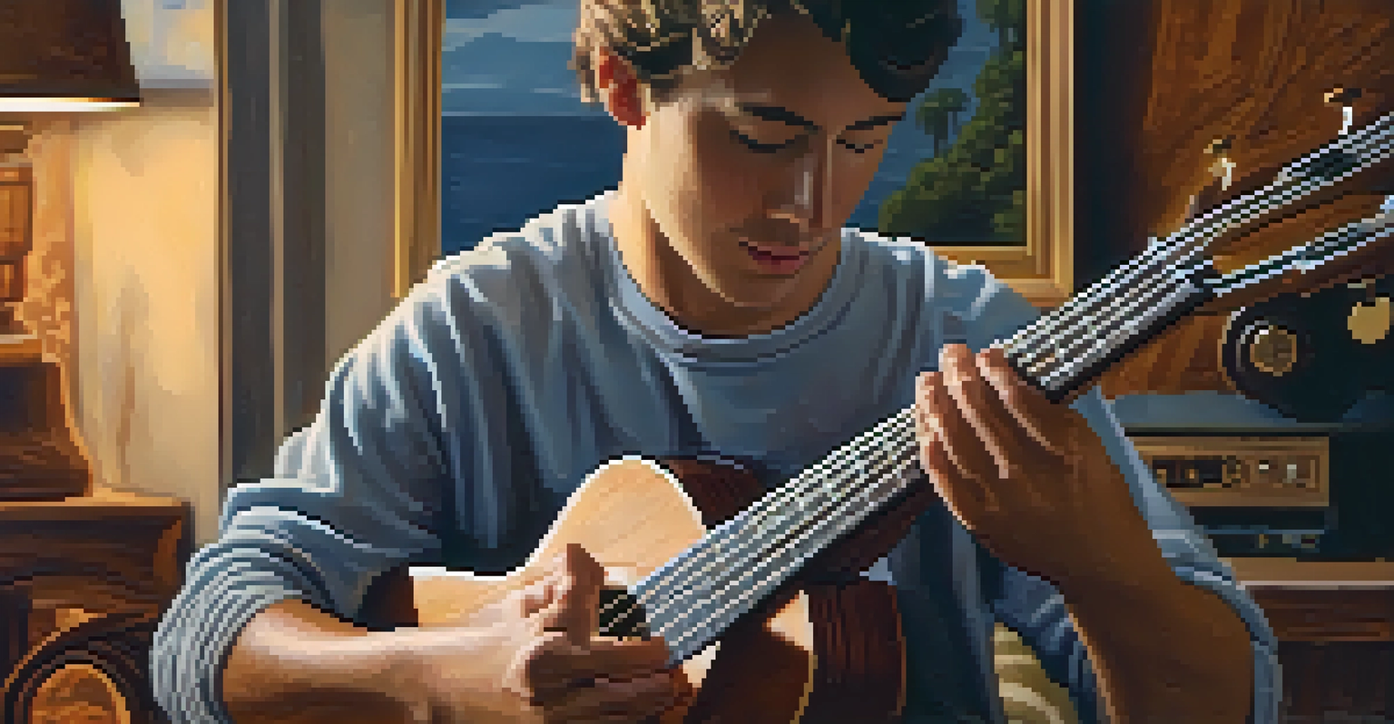 A person playing a ukulele in a cozy living room, with musical notes in the background and warm lighting.